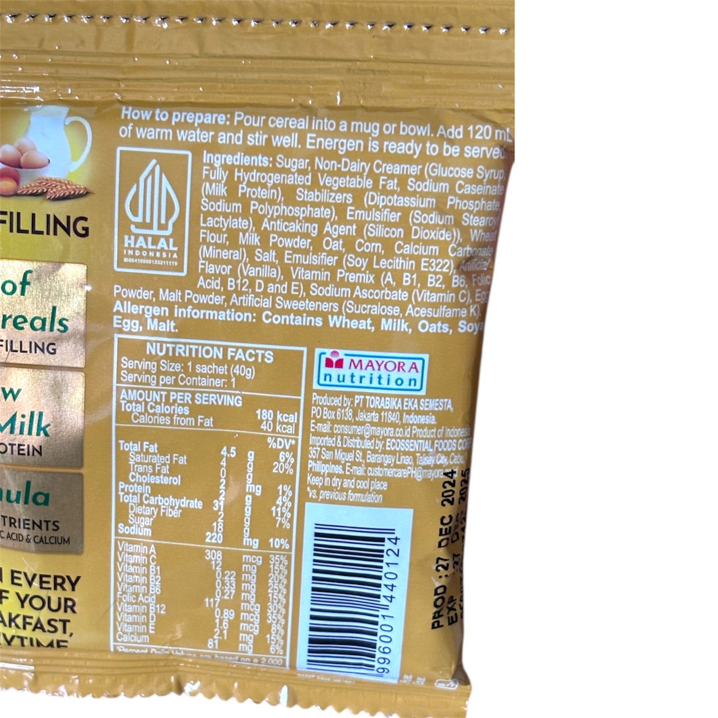 ENERGEN Cereal Vanilla Bag with Milk Net WT. 2.65LB/1.2KG 30 Sachet