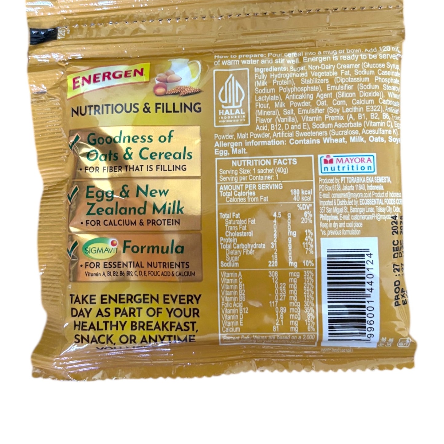 ENERGEN Cereal Vanilla Bag with Milk Net WT. 2.65LB/1.2KG 30 Sachet
