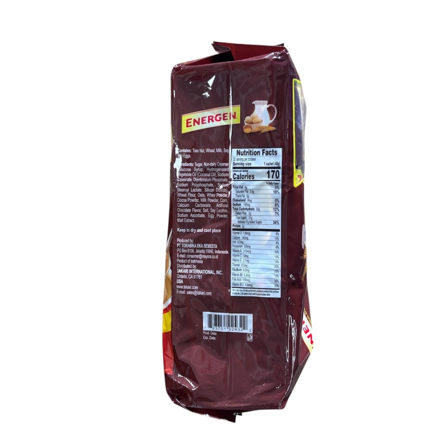 Energen Cereal Chocolate Bag Net wt. 2.65LB 30 Sachet Chocolate Oats Cereal
