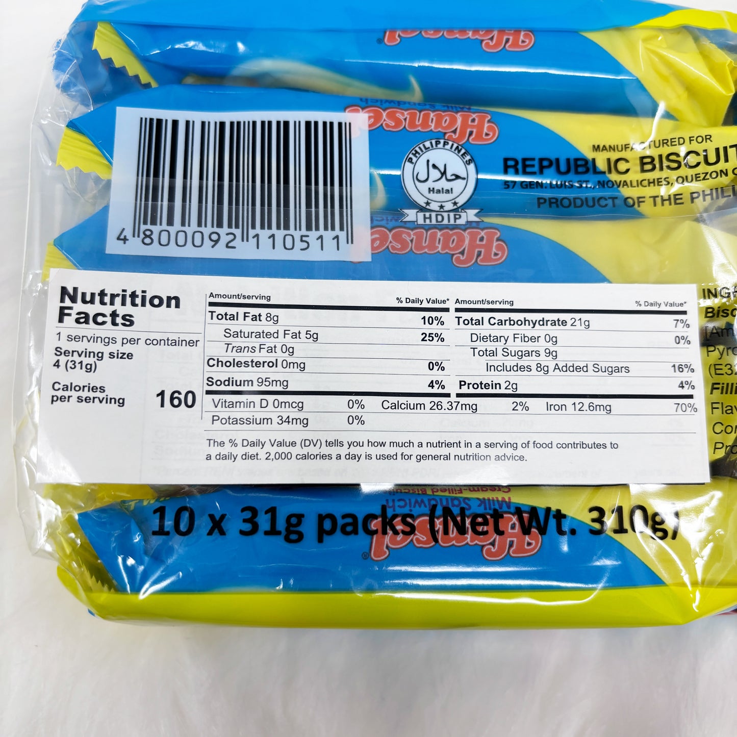 Rebisco Hansel Milk Sandwich Cream Filled BISCUITS 31G x 10 PCS PACK